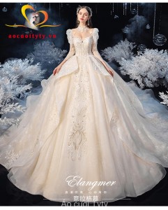 Váy cưới ren màu trắng tay bồng phối 2021