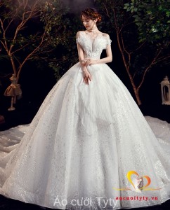 Váy cưới công chúa trễ vai màu trắng nhẹ nhàng