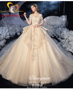 Váy cưới công chúa màu champage kím sa, big size
