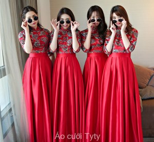 Váy phù dâu trung hoa màu đỏ